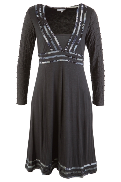 Orientique Black V Neck L/S Dress With Trim - Womens Knee Length ...