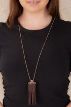 Adorne Capped Flat Leather Tassel Long Necklace